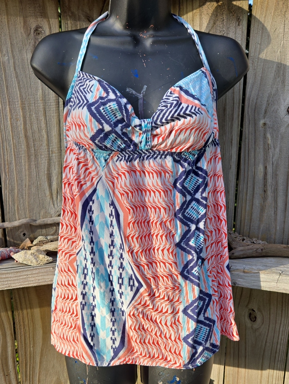Volcom Women’s Halter Swim Cover-Up Top in Coral, Navy & Light Blue Pattern